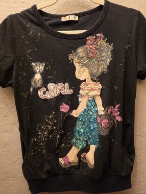 Whimsical Girl Cat Sequin Applique Top Boho Cottagecore Mixed Media Size M